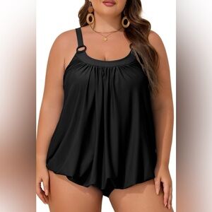 Aleumdr Black Plus Size Tummy Control High Waisted Bottoms 2pc Tankini Womens 3X